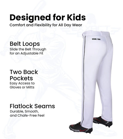 Homerun Boys Full Length Baseball Pants With Piping (White)