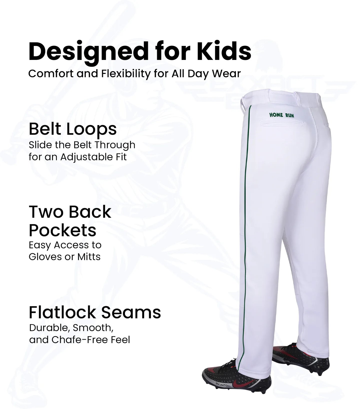 Homerun Boys Full Length Baseball Pants With Piping (White)