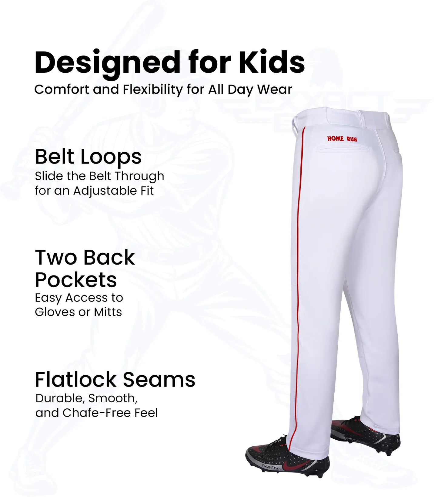 Homerun Boys Full Length Baseball Pants With Piping (White)