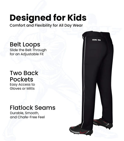 Homerun Boys Full Length Baseball Pants With Piping (Black)