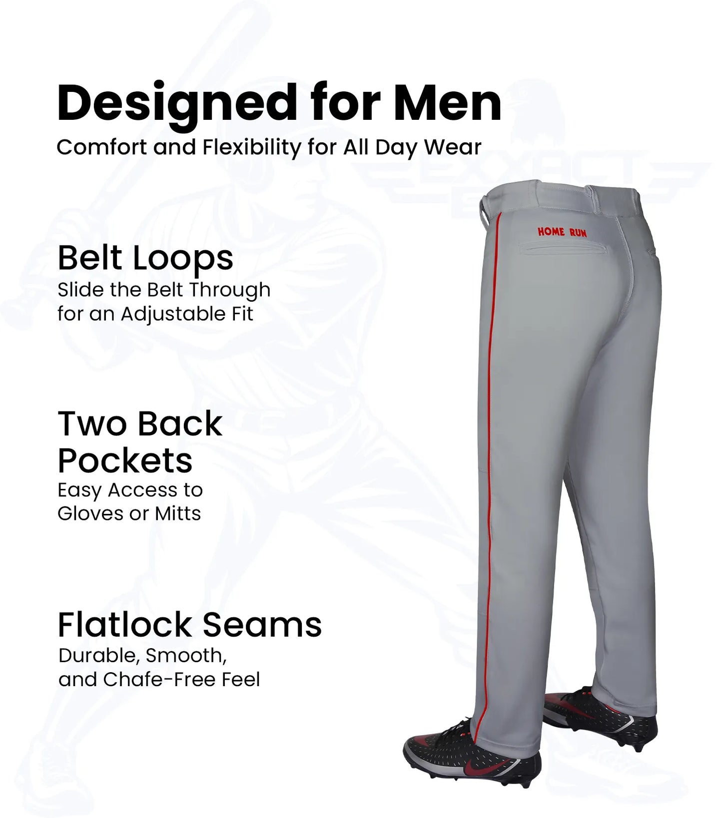 Homerun Men's Full Length Baseball Pants With Piping (Gray)