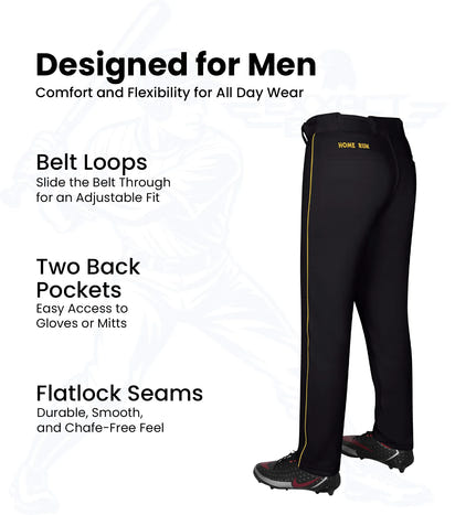 Homerun Men's Full Length Baseball Pants With Piping (Black)