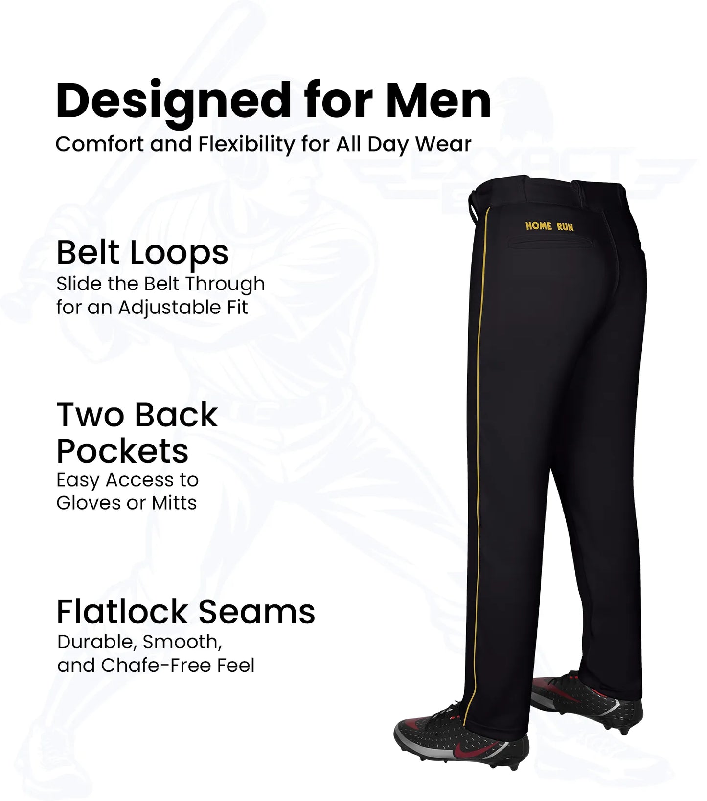 Homerun Men's Full Length Baseball Pants With Piping (Black)