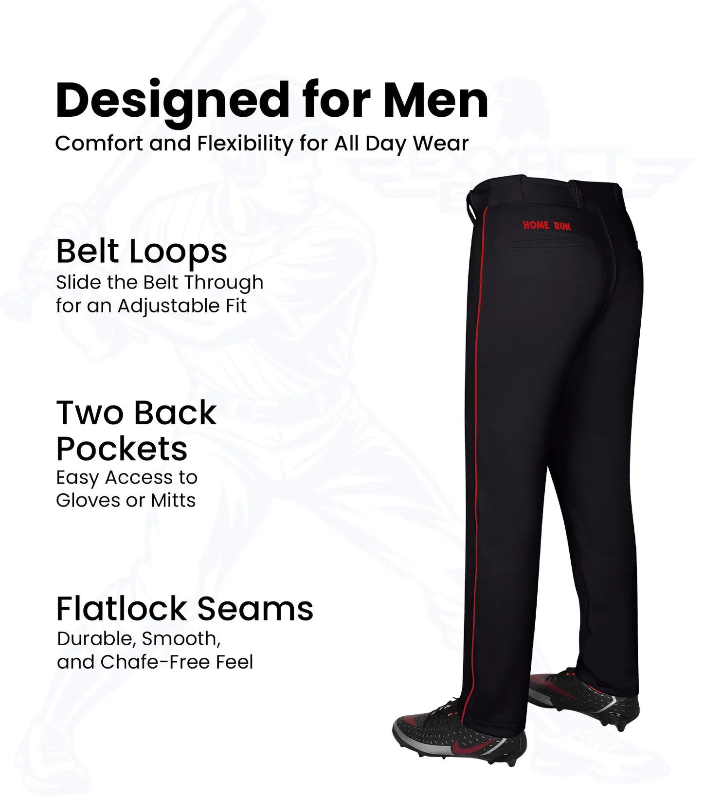 Homerun Men's Full Length Baseball Pants With Piping (Black)