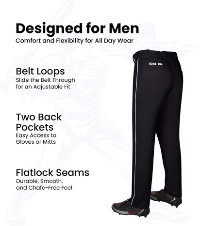 Homerun Men's Full Length Baseball Pants With Piping (Black)