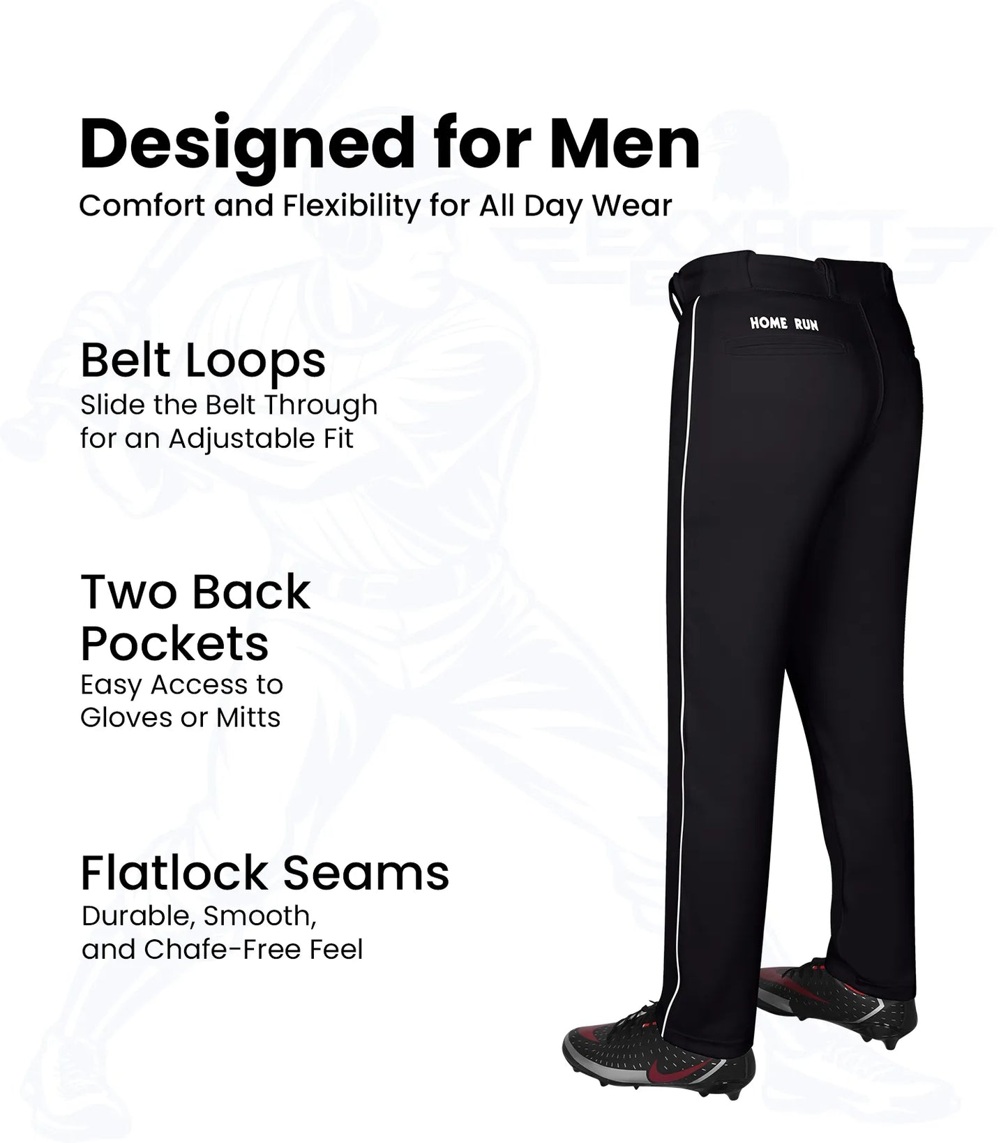 Homerun Men's Full Length Baseball Pants With Piping (Black)