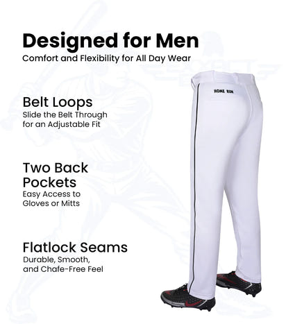Homerun Men's Full Length Baseball Pants With Piping (White)