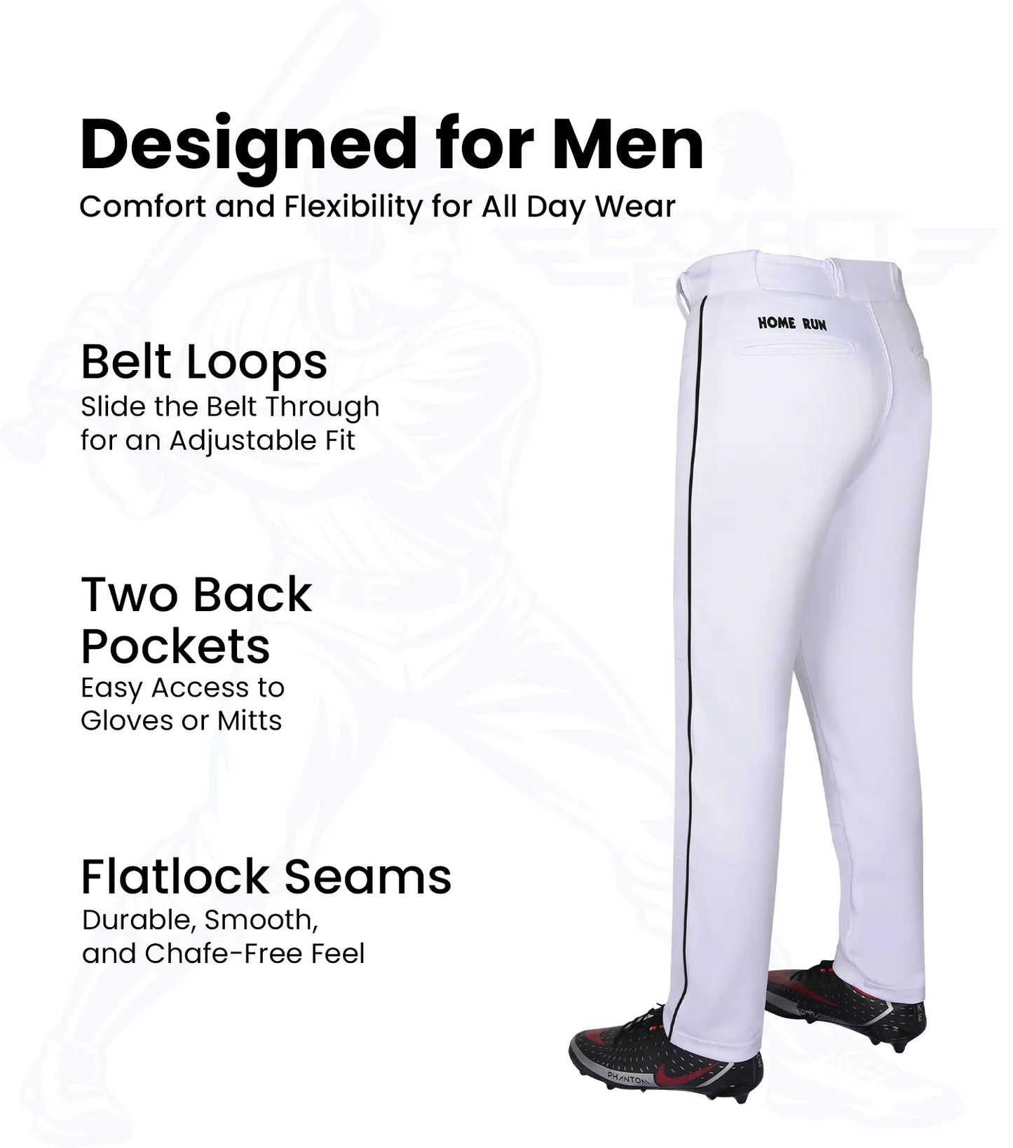 Homerun Men's Full Length Baseball Pants With Piping (White)