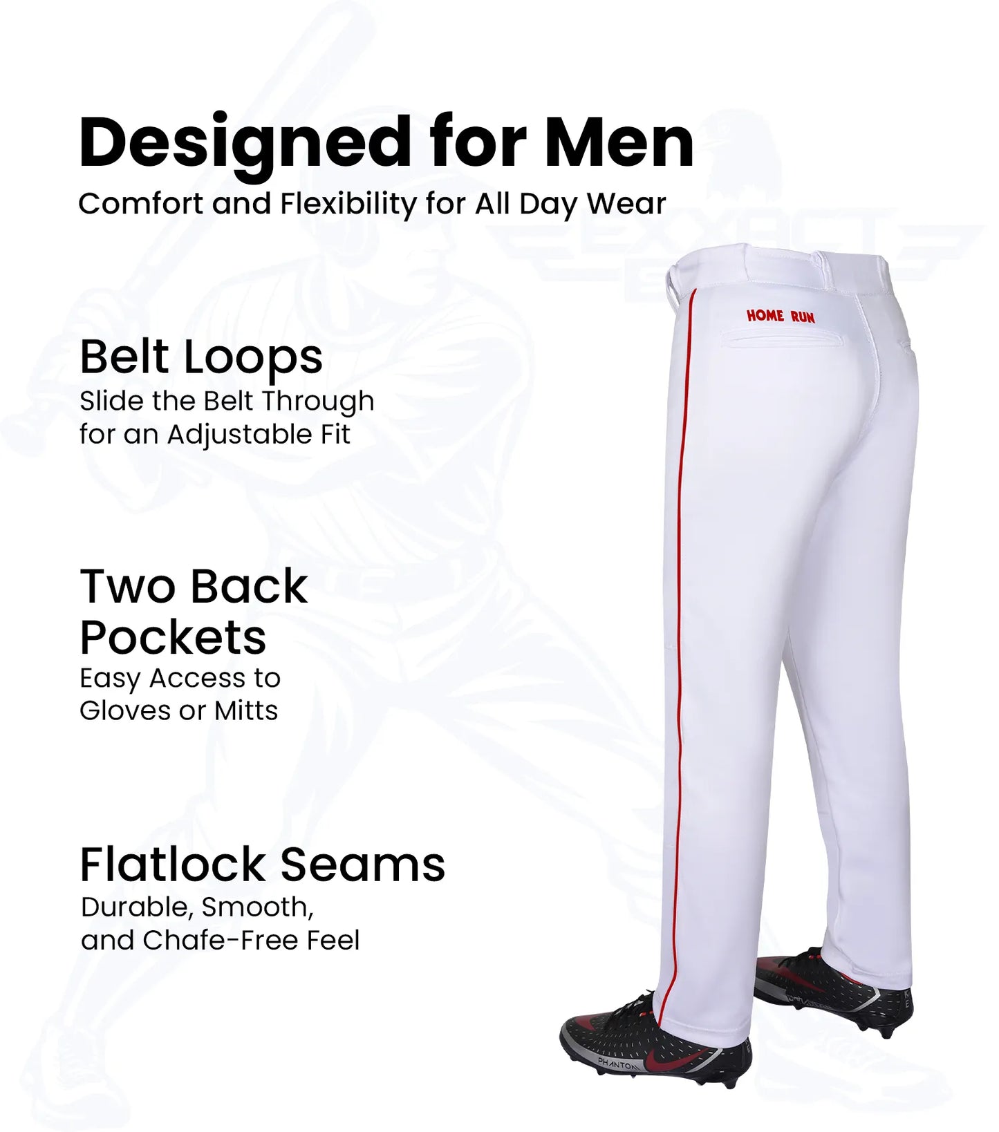 Homerun Men's Full Length Baseball Pants With Piping (White)