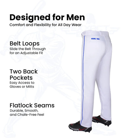 Homerun Men's Full Length Baseball Pants With Piping (White)