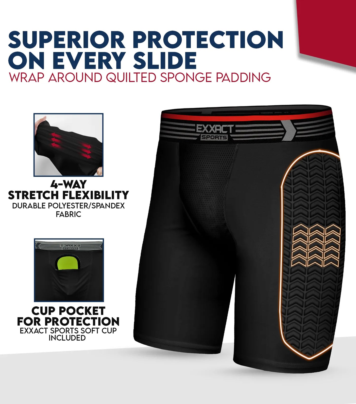 Men's Padded Compression Sliding Shorts with Soft Athletic Cup (Black)