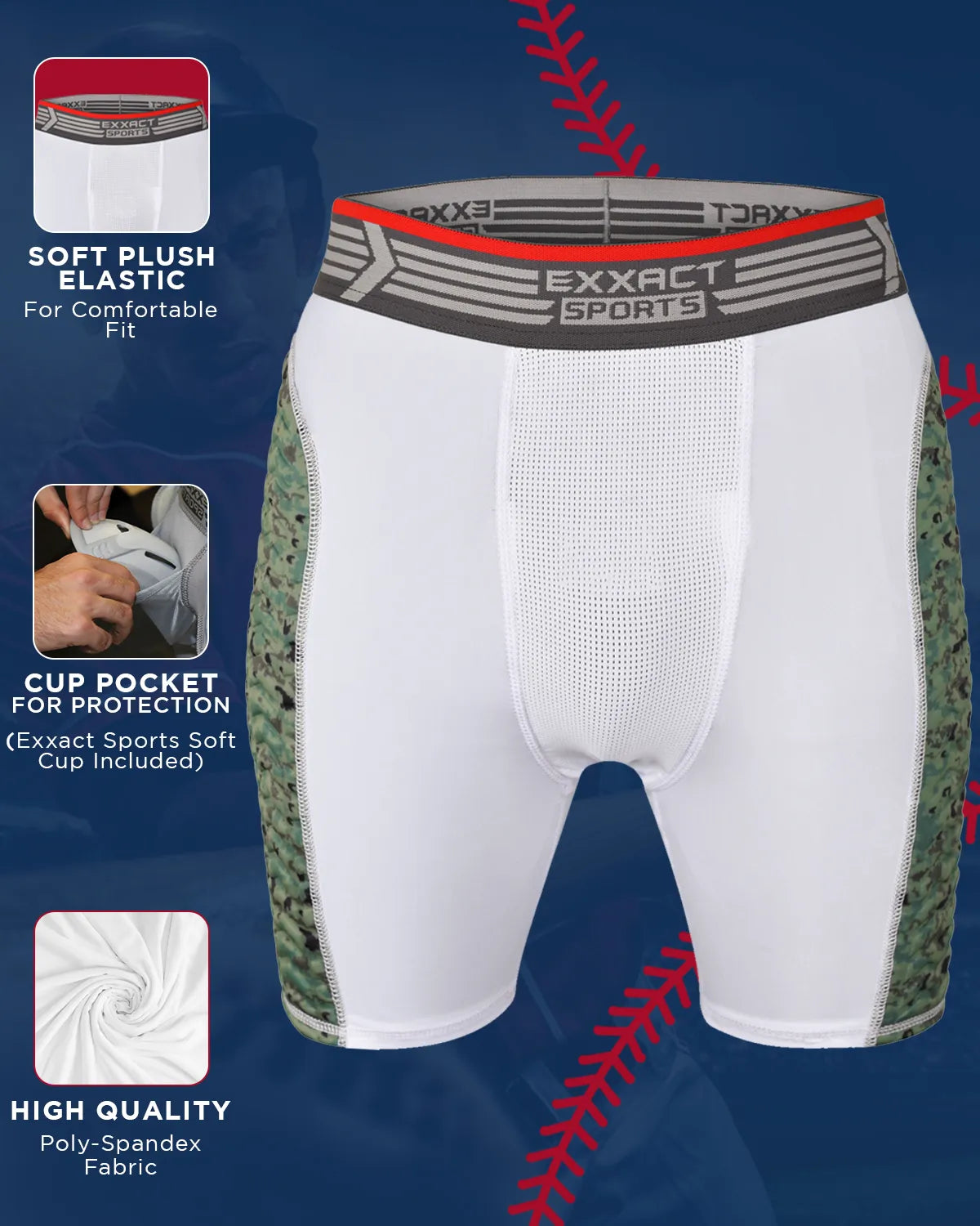 Men's Padded Compression Sliding Shorts with Soft Athletic Cup (White/Green)