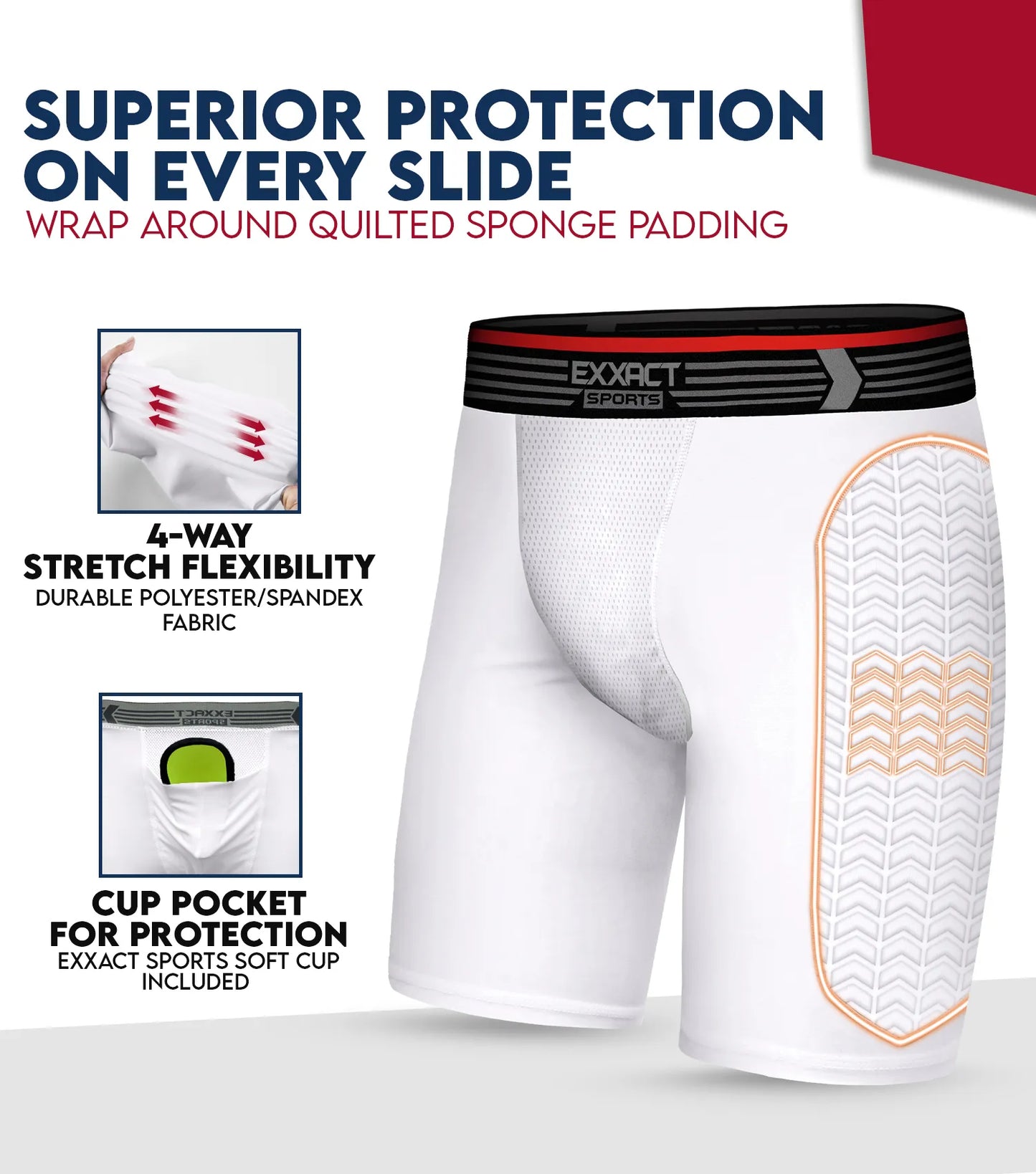 Men's Padded Compression Sliding Shorts with Soft Athletic Cup (White)