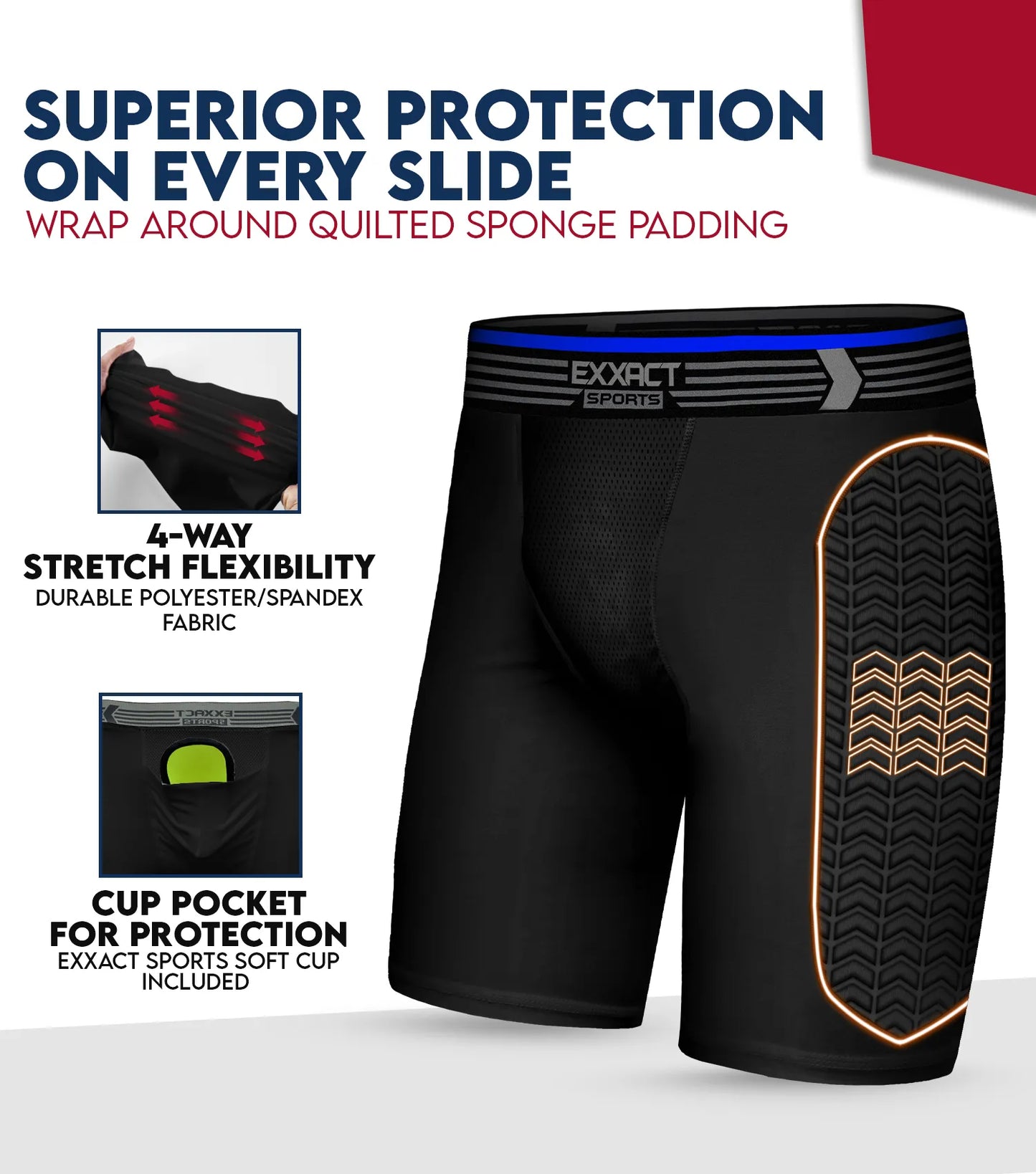 Boys Padded Compression Sliding Shorts with Soft Athletic Cup (Black)