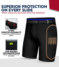 Boys Padded Compression Sliding Shorts with Soft Athletic Cup (Black)