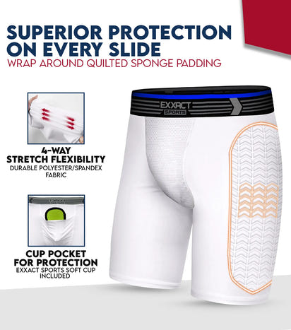 Boys Padded Compression Sliding Shorts with Soft Athletic Cup (White)