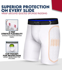 Boys Padded Compression Sliding Shorts with Soft Athletic Cup (White)