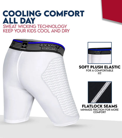 Boys Padded Compression Sliding Shorts with Soft Athletic Cup (White)