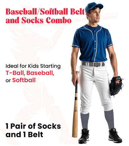 Baseball Socks and Belt Combo Set for Boys & Girls, Adult and Youth Sizes (Charcoal)