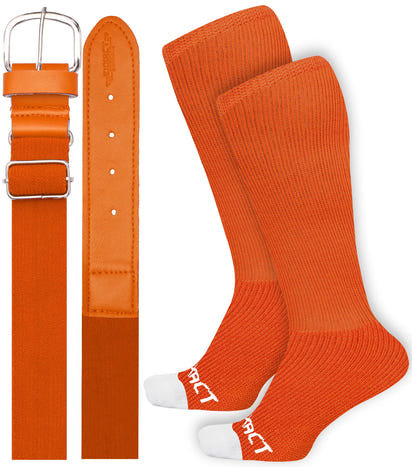Baseball Socks and Belt Combo Set for Boys & Girls, Adult and Youth Sizes (Orange)