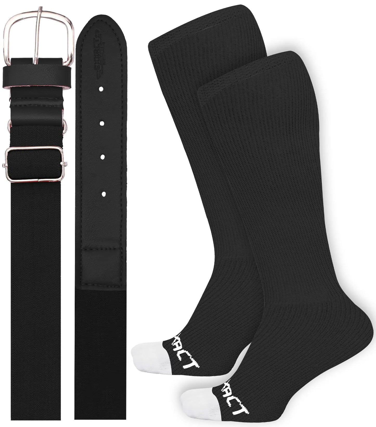 Baseball Socks and Belt Combo Set for Boys & Girls, Adult and Youth Sizes (Black)