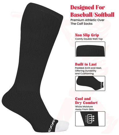Baseball Socks and Belt Combo Set for Boys & Girls, Adult and Youth Sizes (Black)
