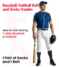Baseball Socks and Belt Combo Set for Boys & Girls, Adult and Youth Sizes (Black)
