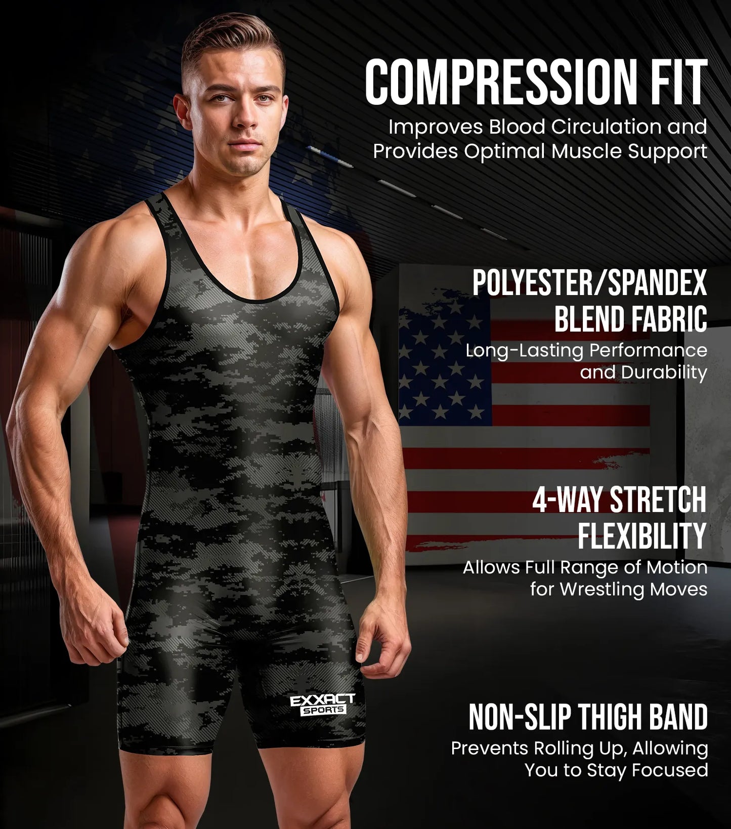 Men's Camouflage Wrestling Singlets (Black)