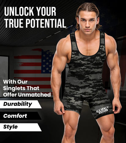 Men's Camouflage Wrestling Singlets (Black)