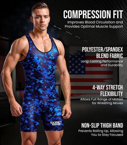 Men's Camouflage Wrestling Singlets (Blue Camo)