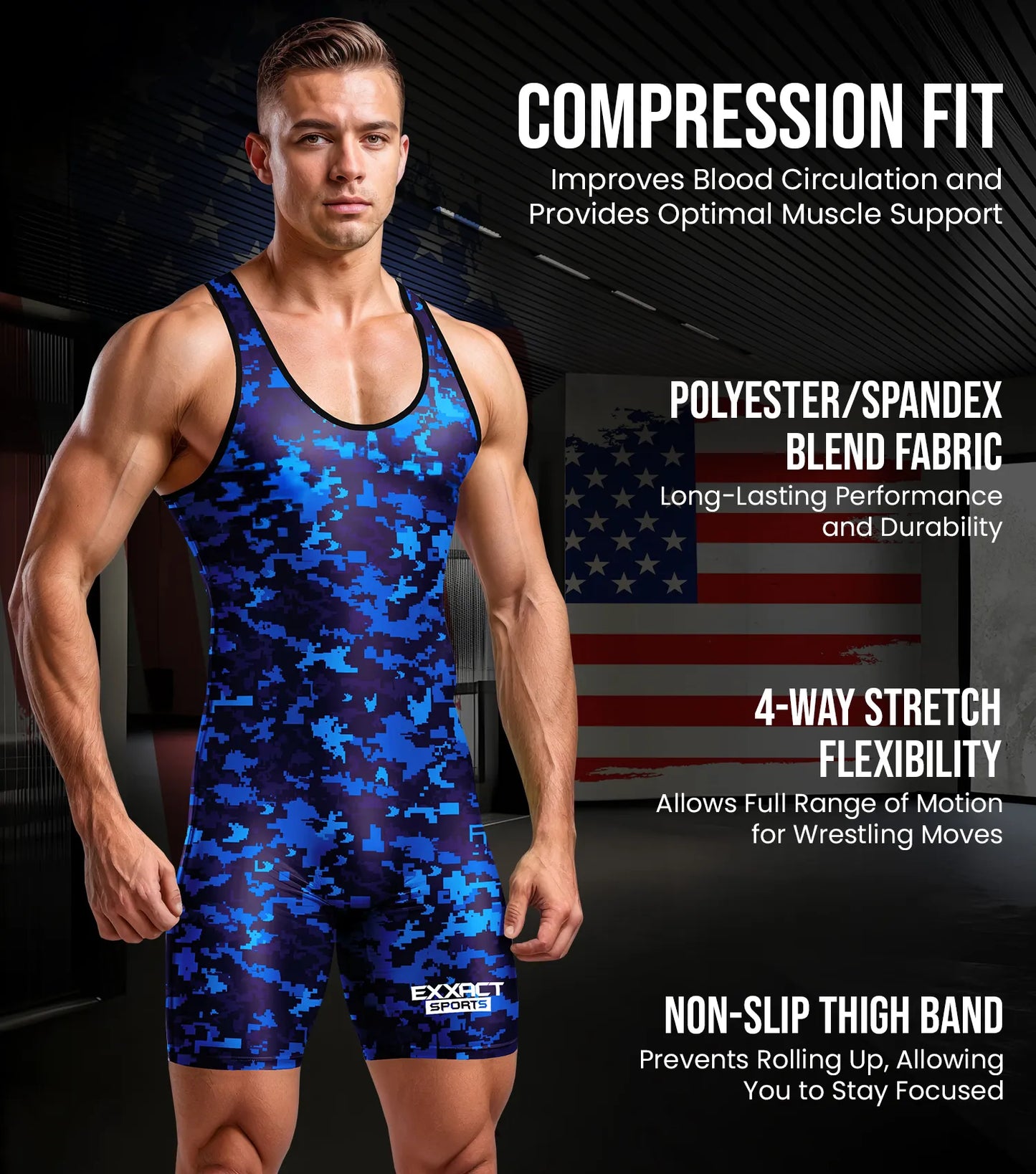 Men's Camouflage Wrestling Singlets (Blue Camo)