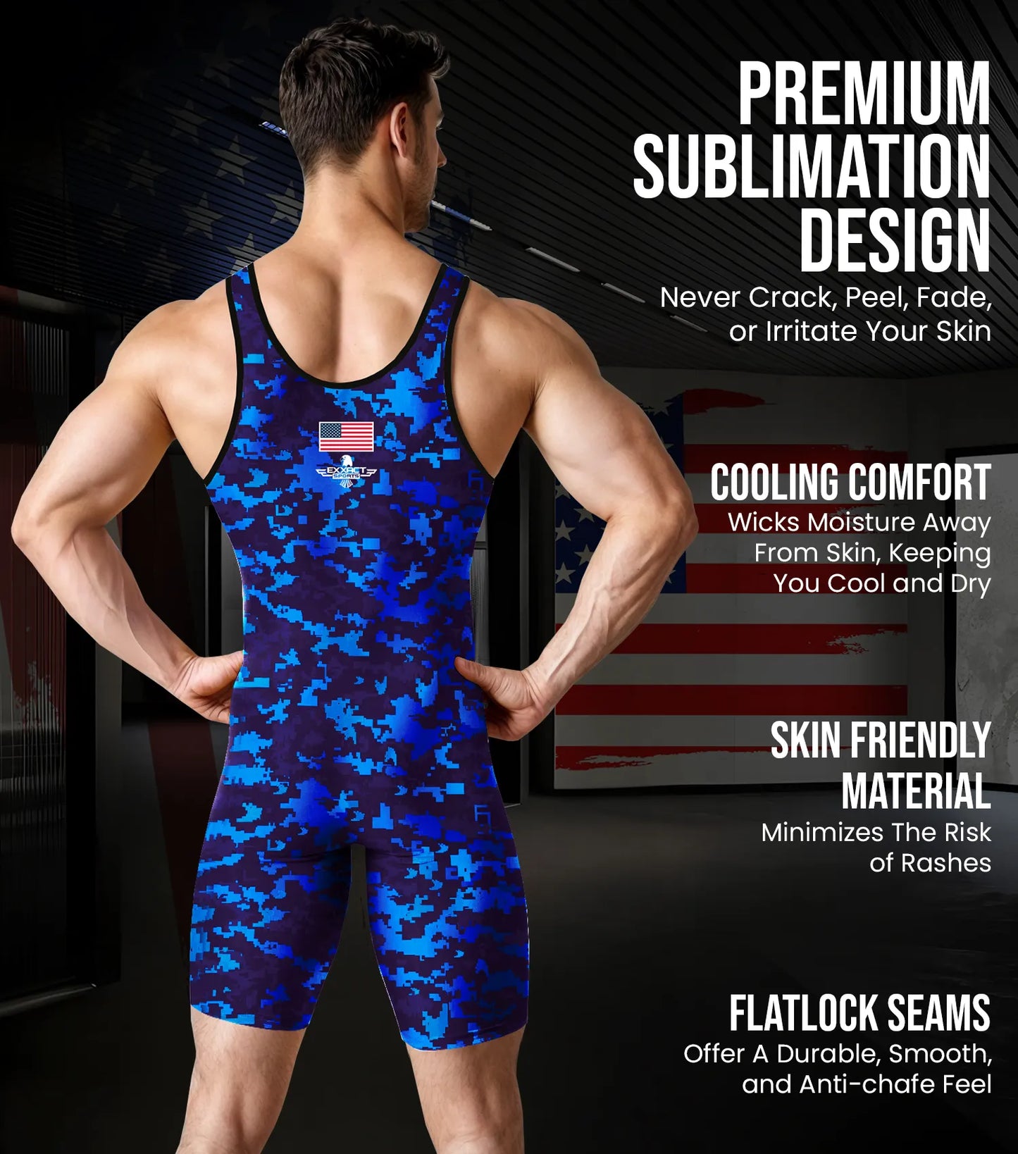 Men's Camouflage Wrestling Singlets (Blue Camo)