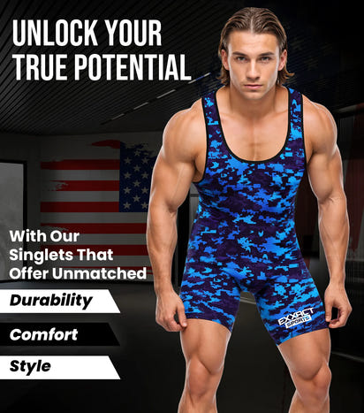Men's Camouflage Wrestling Singlets (Blue Camo)