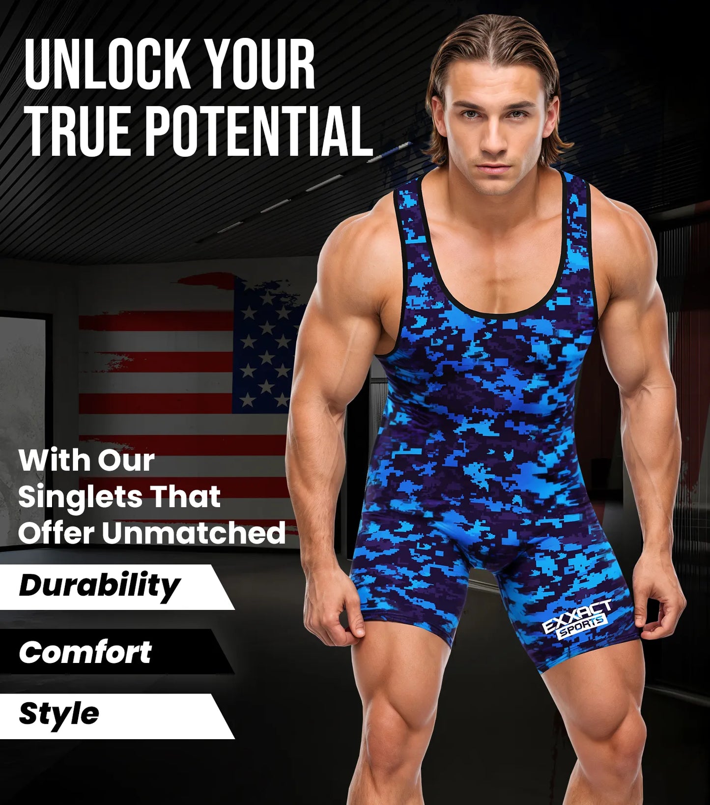 Men's Camouflage Wrestling Singlets (Blue Camo)