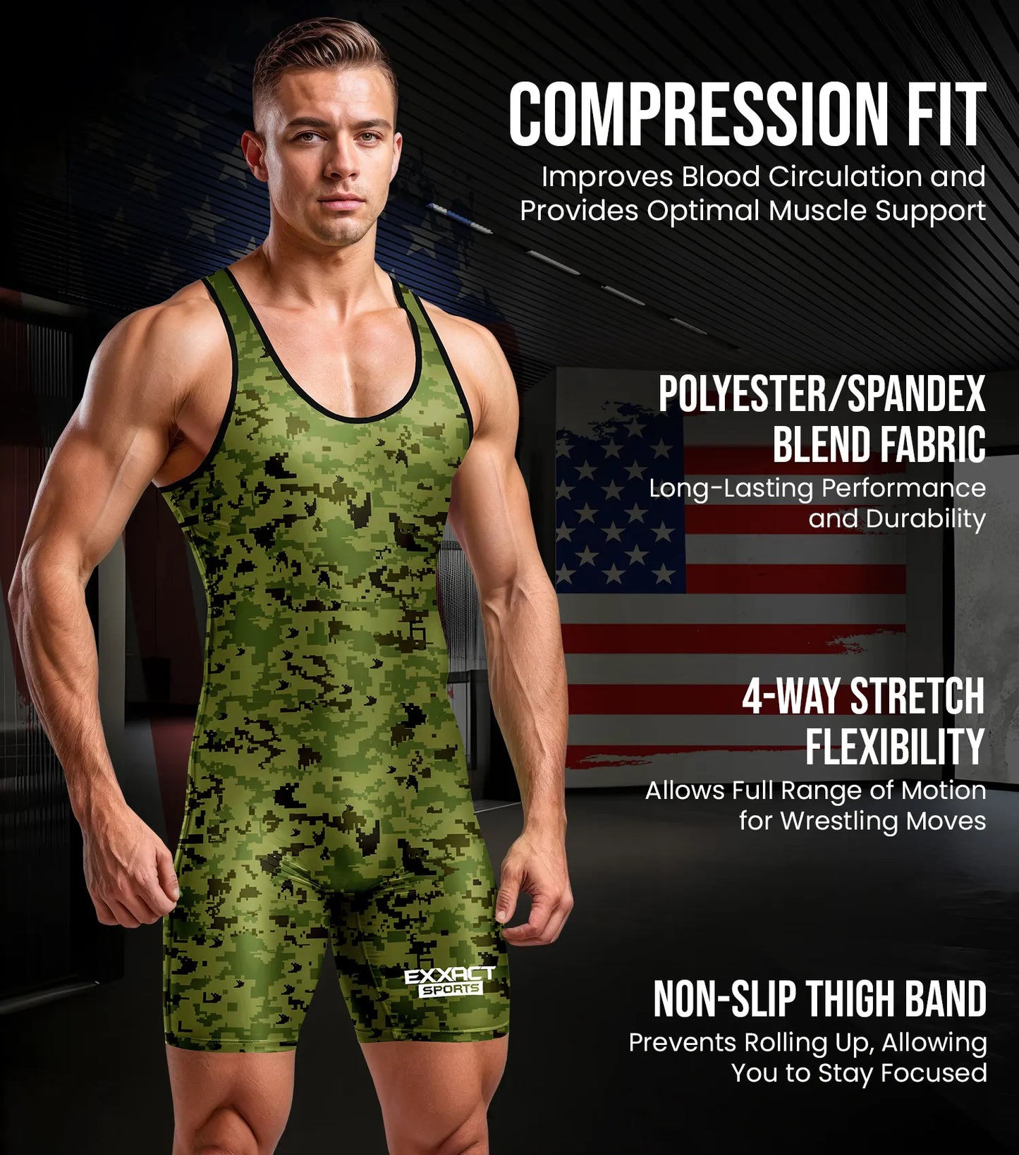 Men's Camouflage Wrestling Singlets (Green Camo)