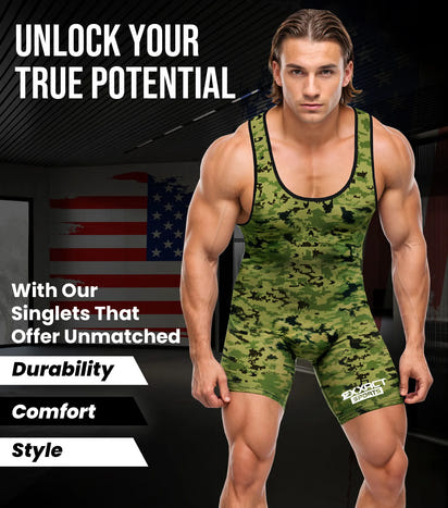 Men's Camouflage Wrestling Singlets (Green Camo)