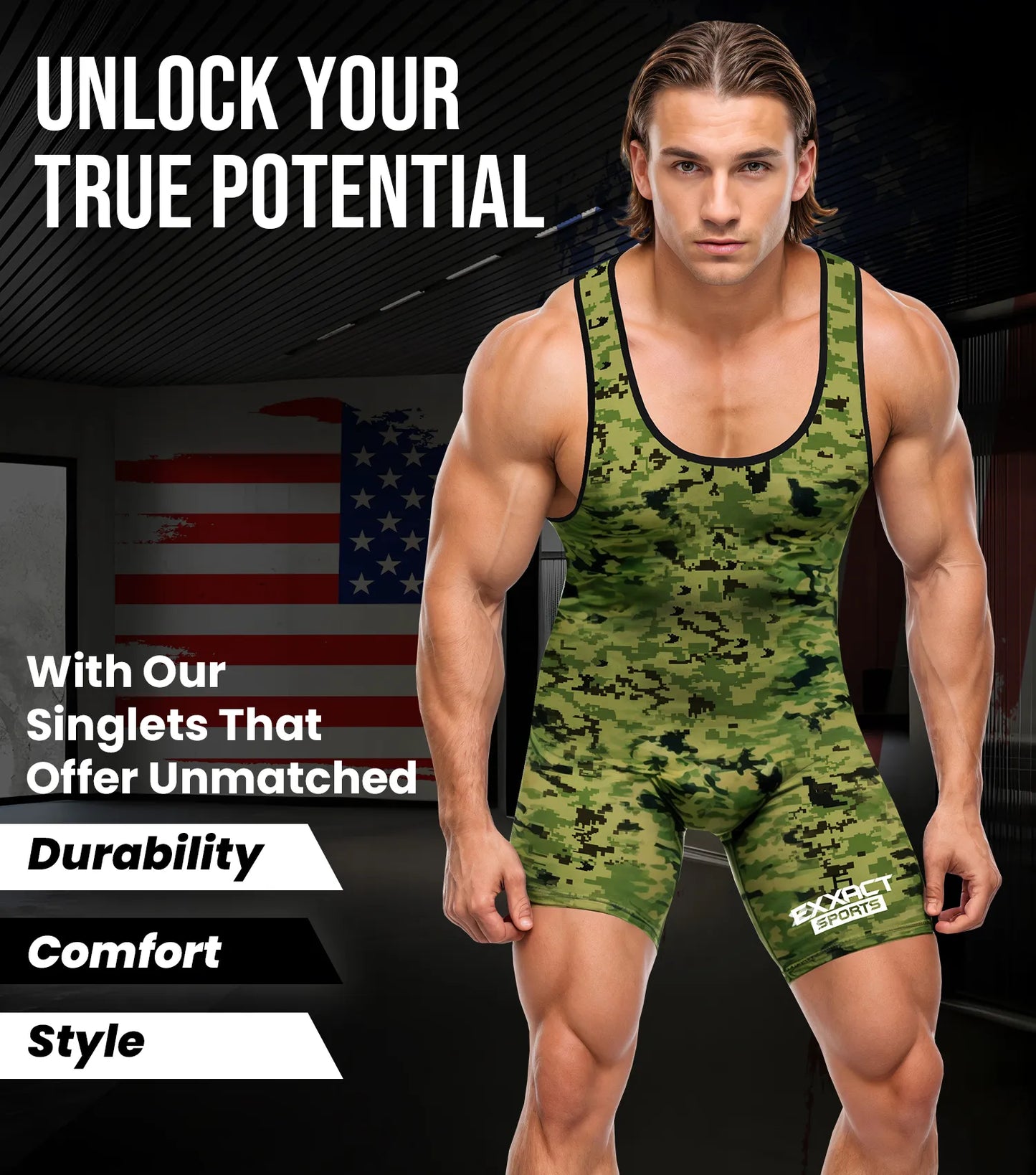 Men's Camouflage Wrestling Singlets (Green Camo)