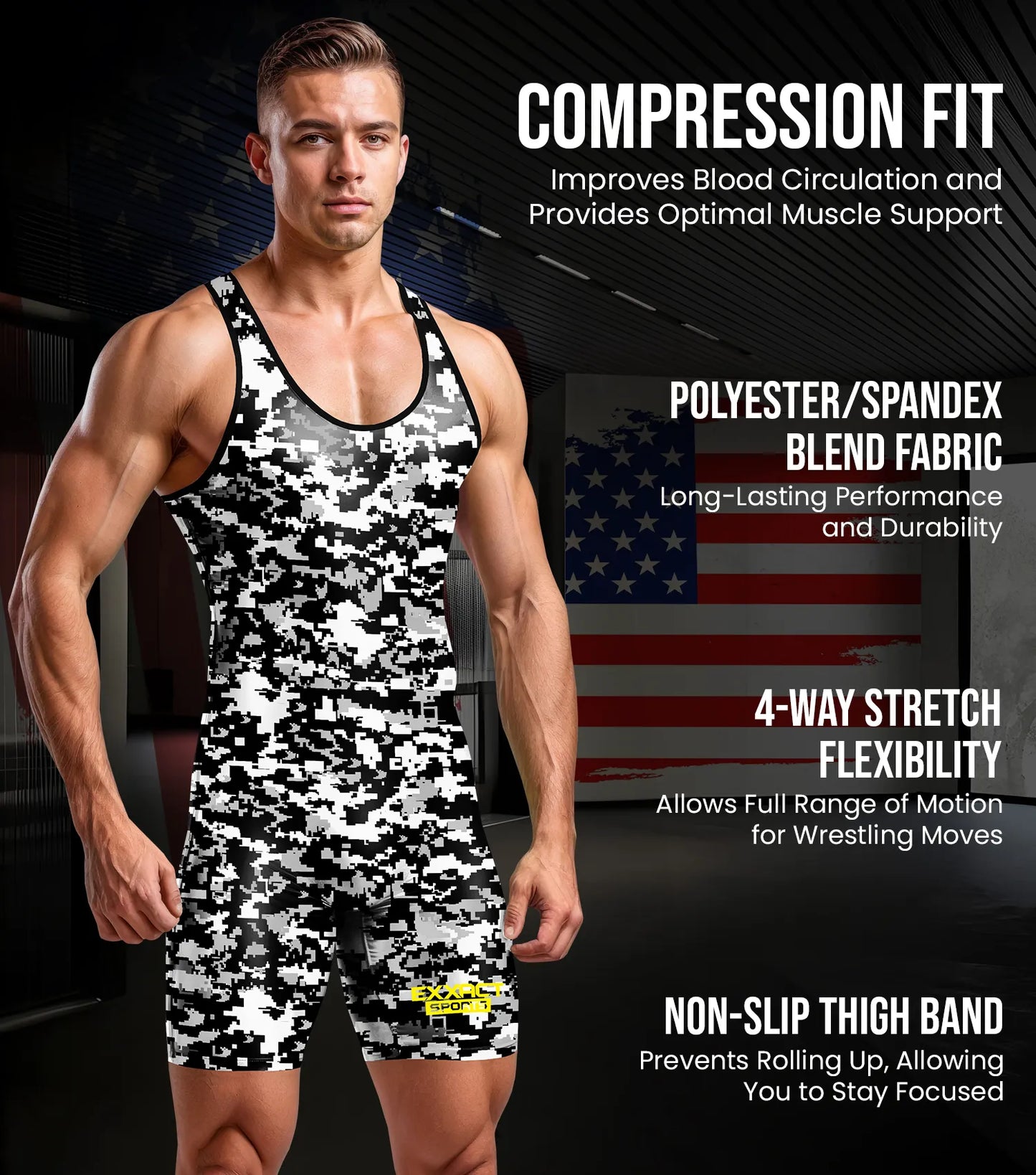 Men's Camouflage Wrestling Singlets (White & Black Camo)