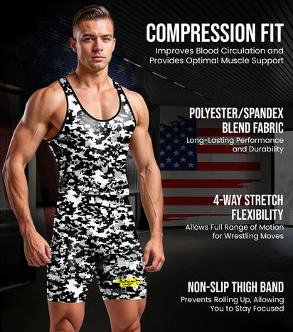 Men's Camouflage Wrestling Singlets (White & Black Camo)