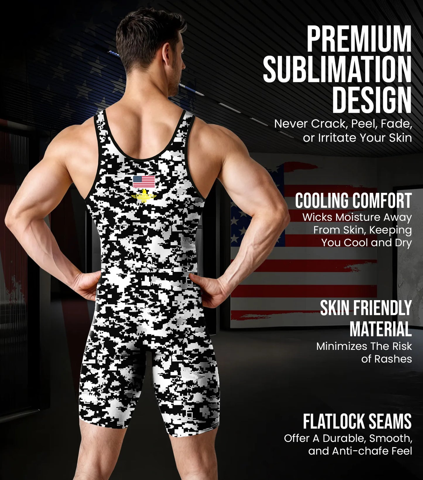 Men's Camouflage Wrestling Singlets (White & Black Camo)