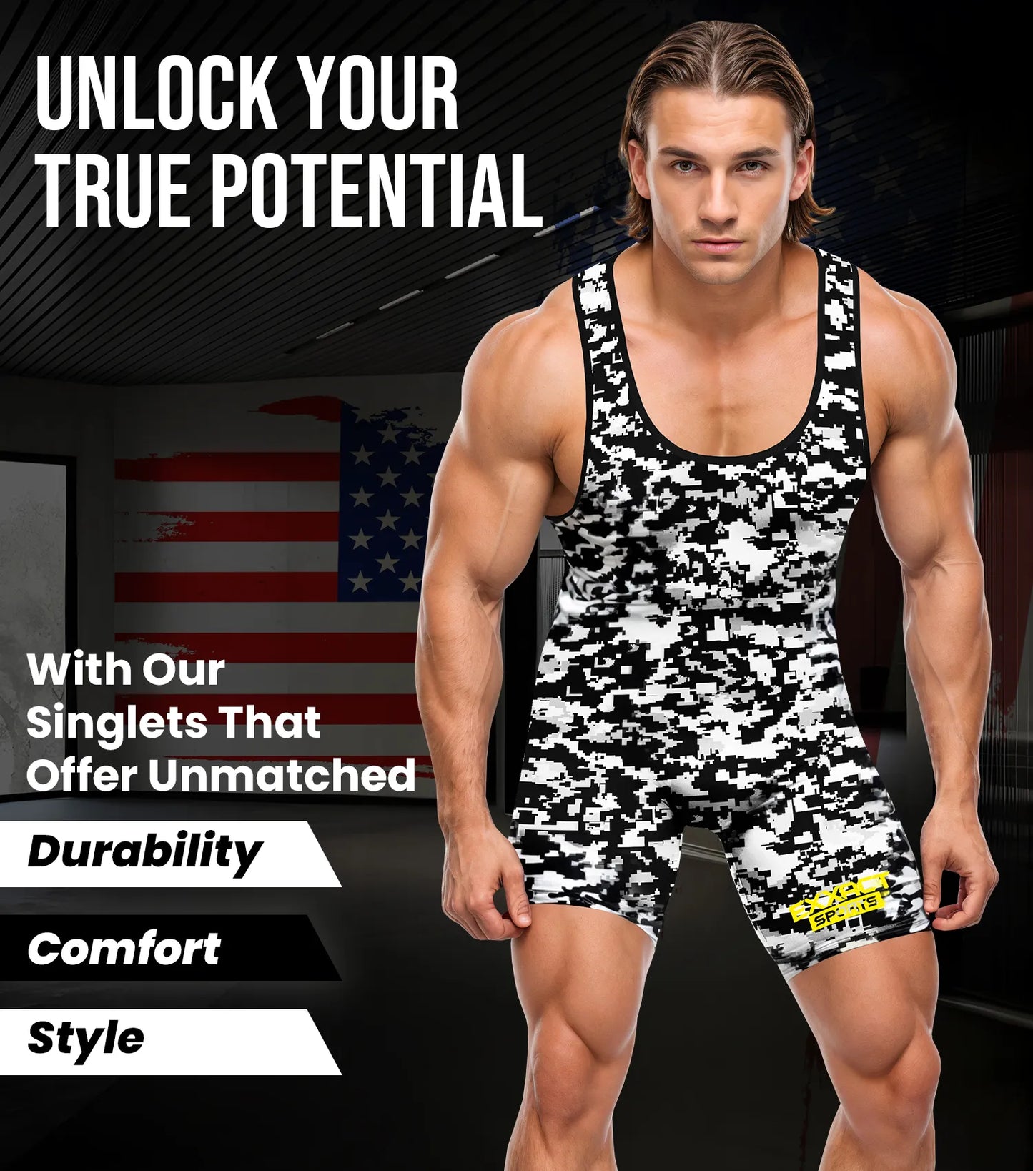 Men's Camouflage Wrestling Singlets (White & Black Camo)