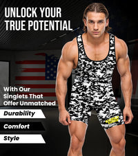 Men's Camouflage Wrestling Singlets (White & Black Camo)