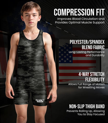 Boys Youth Camouflage Wrestling Singlets (Black Camo)