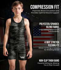 Boys Youth Camouflage Wrestling Singlets (Black Camo)