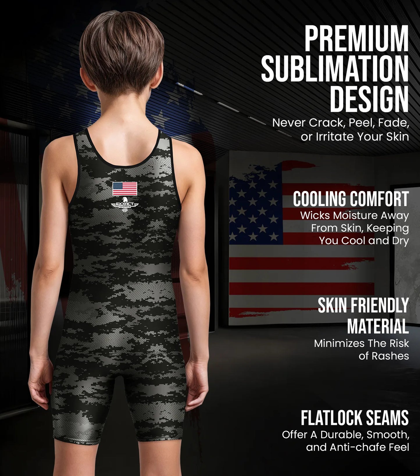 Boys Youth Camouflage Wrestling Singlets (Black Camo)