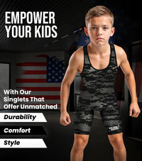 Boys Youth Camouflage Wrestling Singlets (Black Camo)
