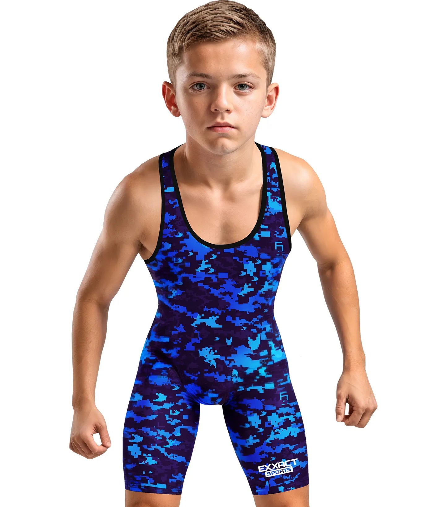 Boys Youth Camouflage Wrestling Singlets (Blue Camo)