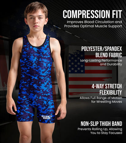 Boys Youth Camouflage Wrestling Singlets (Blue Camo)