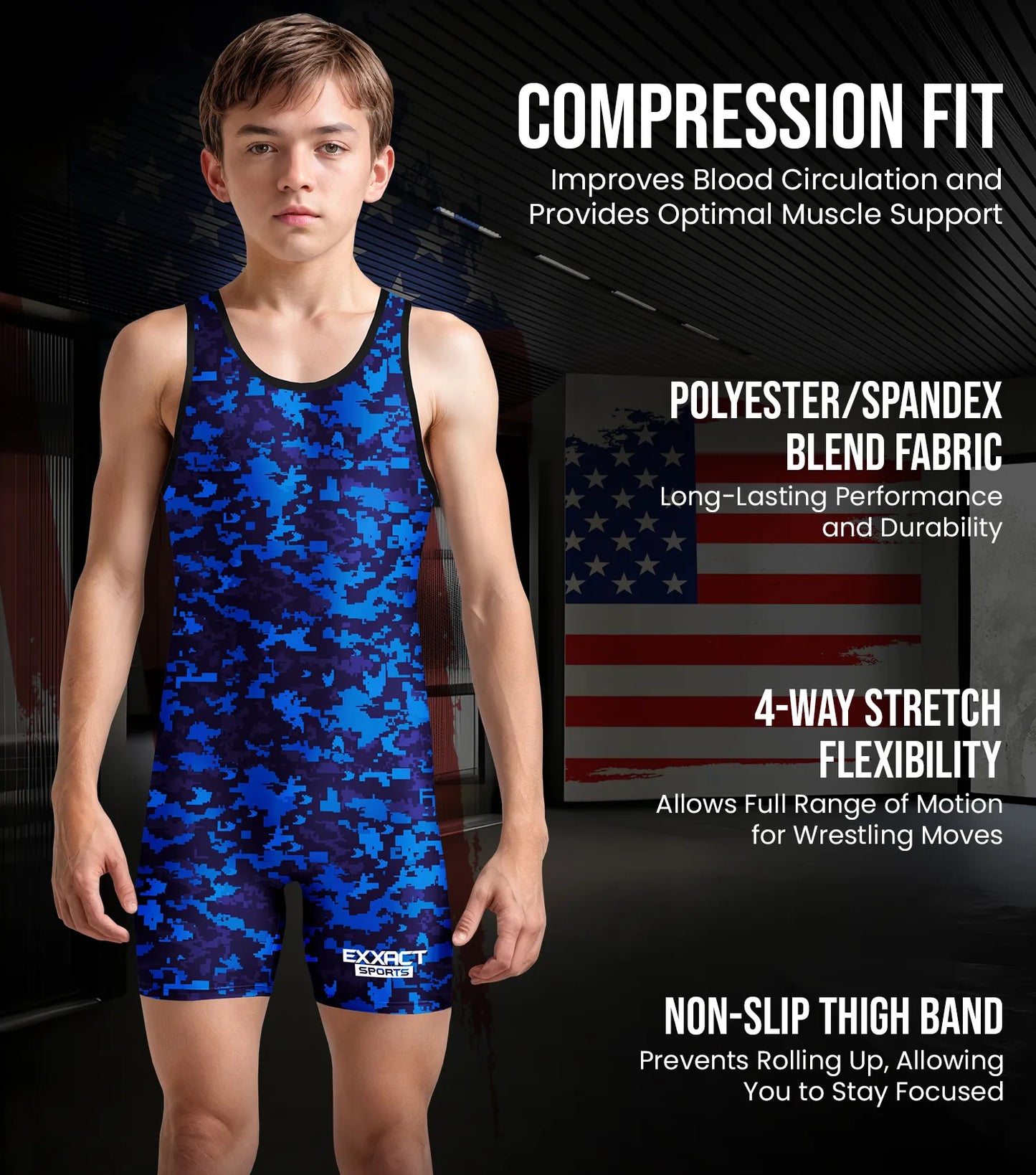 Boys Youth Camouflage Wrestling Singlets (Blue Camo)