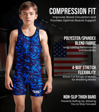 Boys Youth Camouflage Wrestling Singlets (Blue Camo)